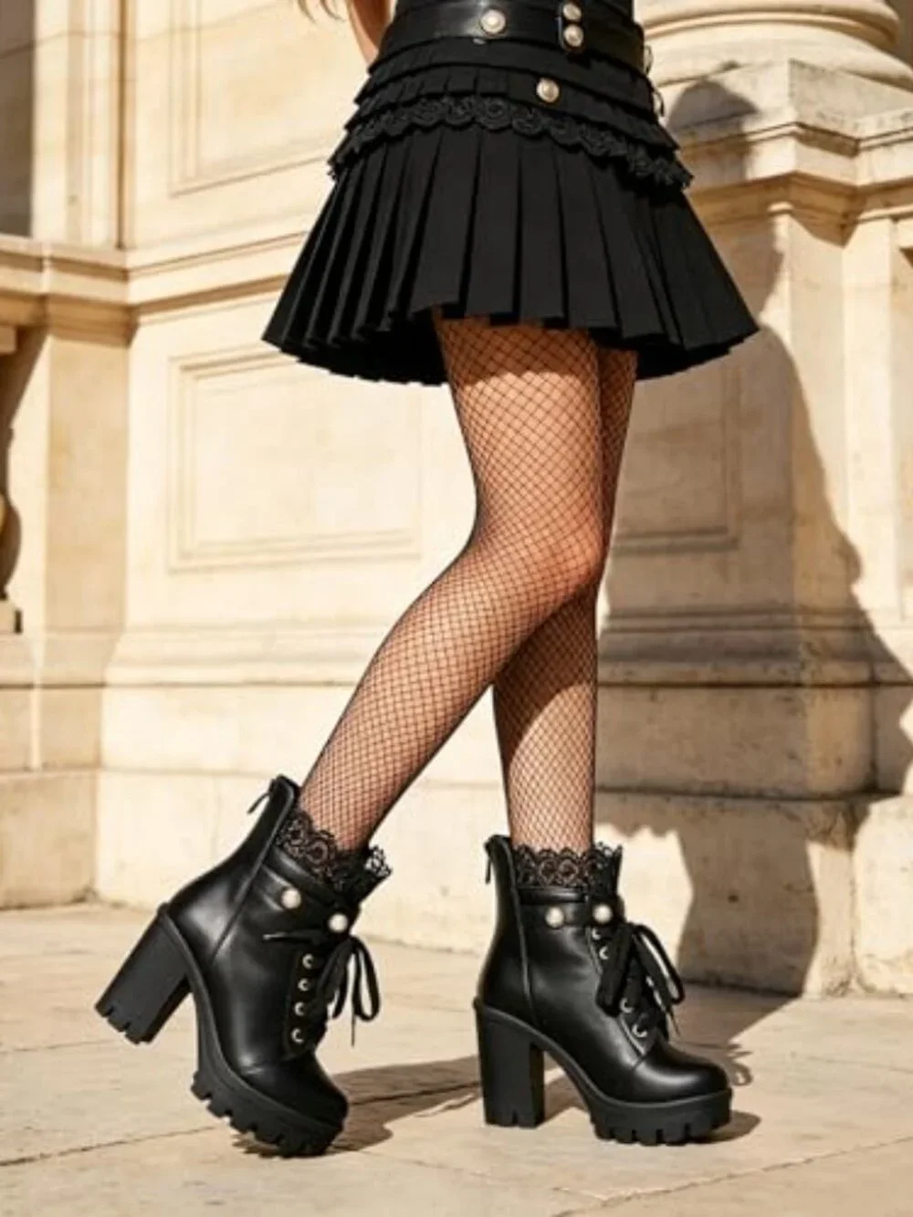 Chunky Platform Combat Ankle Boots with Lace and Buckle Side Zip